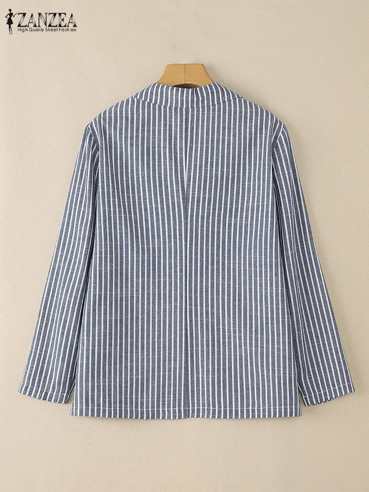 2025 ZANZEA Giacca Sportiva Autunno da Donna Abiti Vintage Risvolto Collo Cappotto a Righe Giacche Manica Lunga Top Casual Button Down Sottile Outwear