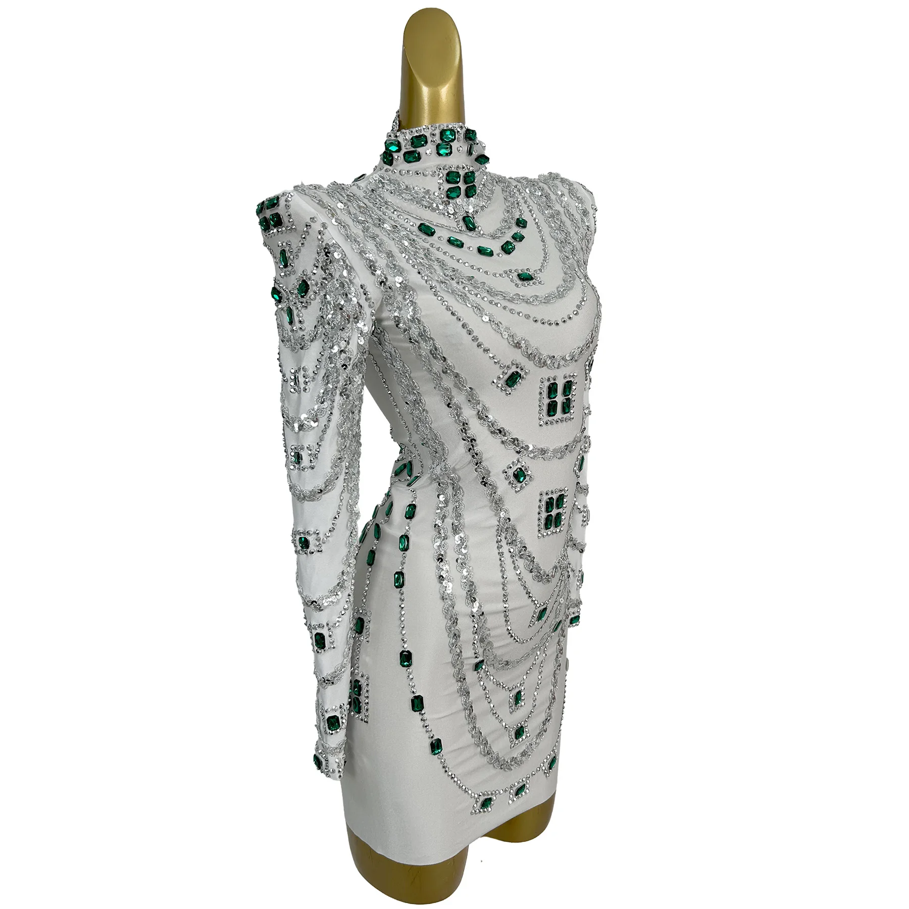 Sexy Women Tight Fitting Mini Dress Sparkly Green Silver Rhinestone Long Sleeves Bodycon Party Nightclub Performance Outfit Bixi