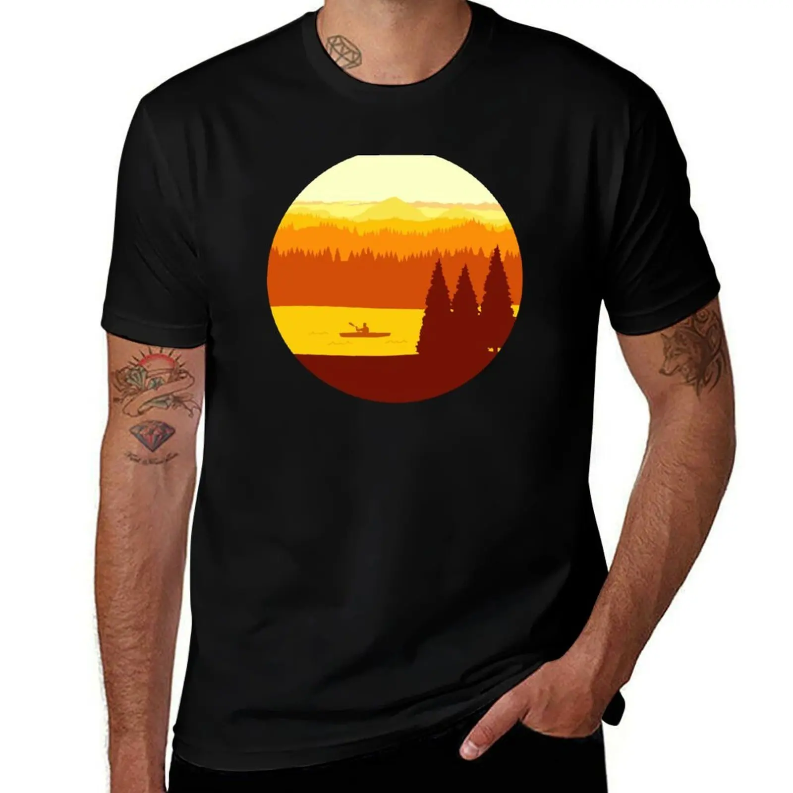 Sunset Mountains and Kayak T-Shirt Non-Shrink Basic Cotton T-Shirt