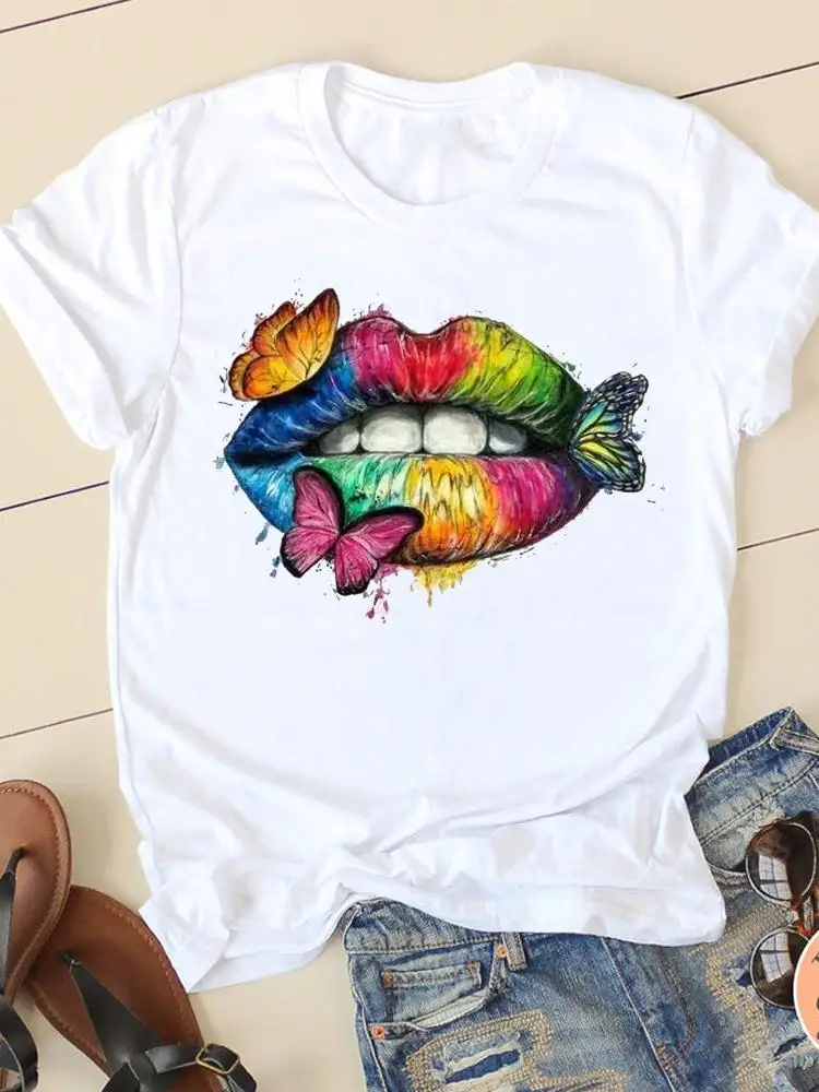 Clothing Summer Short Sleeve Watercolor Lip Sexy New Ladies Casual Women Fashion Graphic Tee T-shirts Female T Shirt Clothes