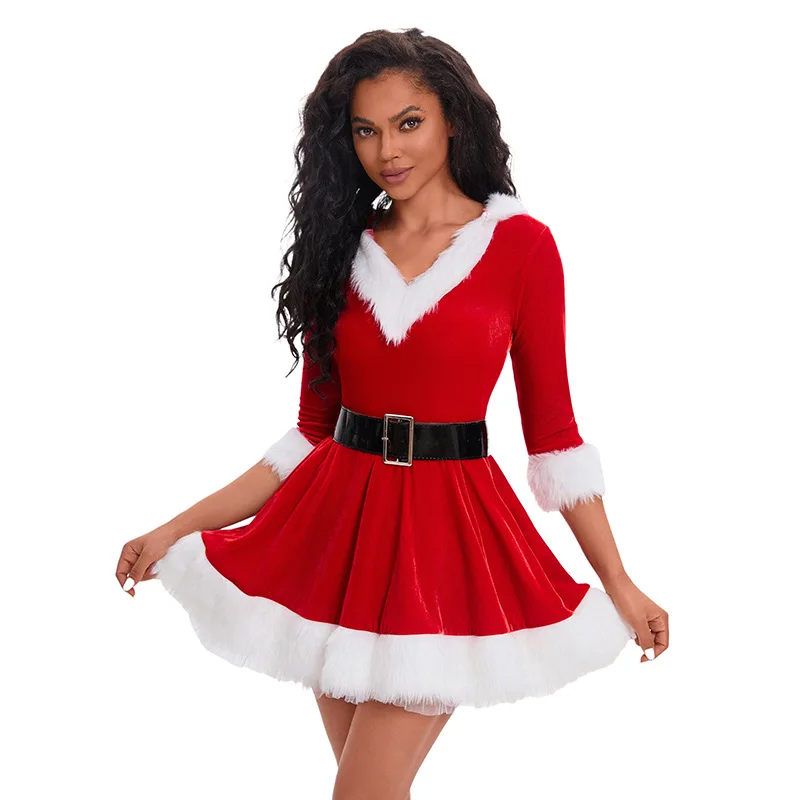 Neue Mode Frauen halbe Ärmel solide beliebte Damen Santa Claus Weihnachten Thema Kostüm Cosplay Outfit Taille Gürtel Phantasie Weihnachts kleid