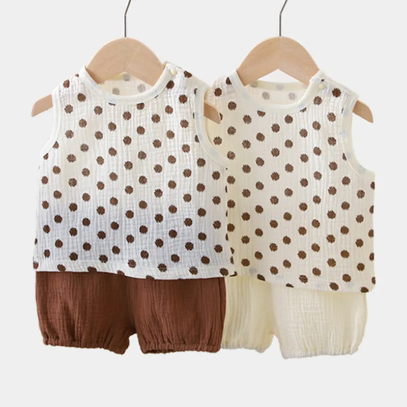 

Костюм для мальчиков и девочек, детская летняя муслиновая хлопковая майка без рукавов и шорты, рубашка, комплект из двух предметов