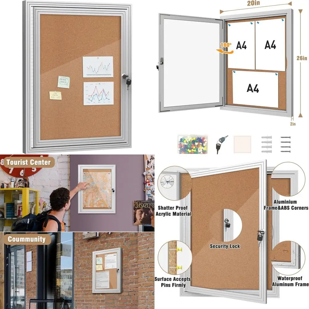 

Outdoor Lockable Aluminum Corkboard, 26x20 Weather-Resistant Noticeboard, Silver Frame for School & Office