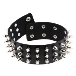 Triple row rivet spike leather collar sexy leather choker necklace for women