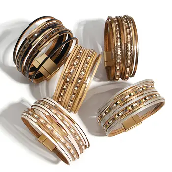 ALLYES 時尚彩色方形皮革手鍊,男女皆宜,波西米亞風金屬管多層纏繞寬手鍊,魅力派對飾品 8 最佳銷售 波西米亞風首飾 - №8