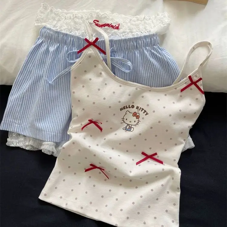 Sanrio Hello Kitty топы на подтяжках с героями мультфильмов, летняя студенческая жилетка с принтом Lustful Hot Girl Kawaii, милый жилет с бантом и подушкой на груди