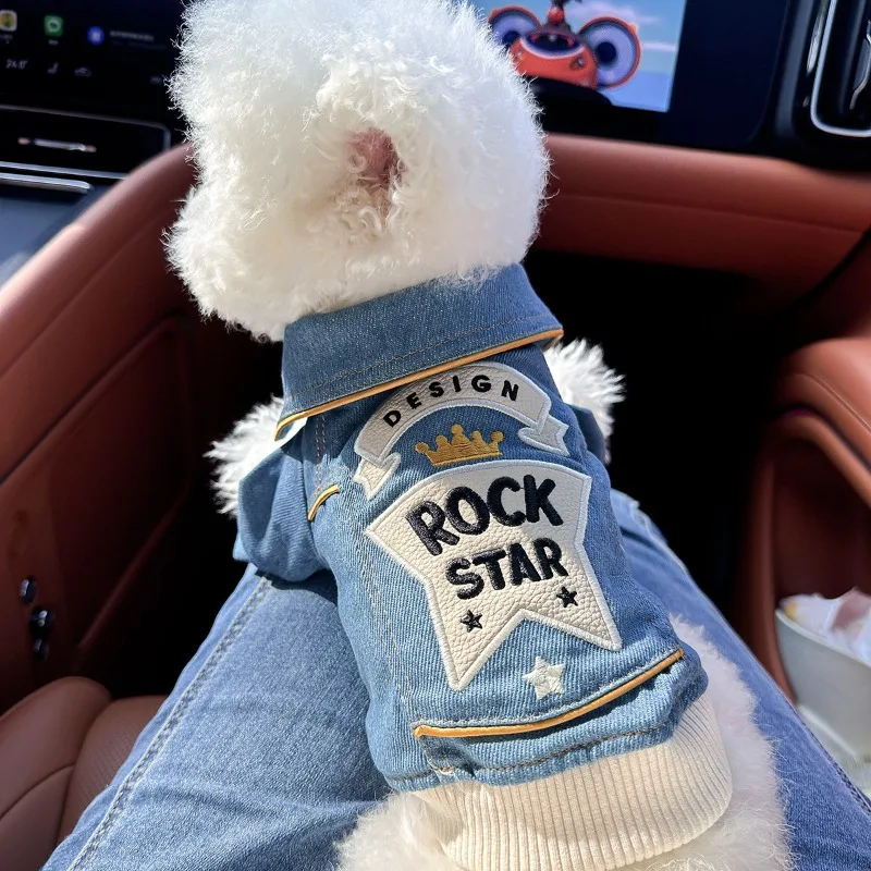 

Winter Fashion Pet Jackets Rock Embroidery Blue Jacket Pet Clothes Dog Cat Spring Handsome Out Traction Puppy Clothes