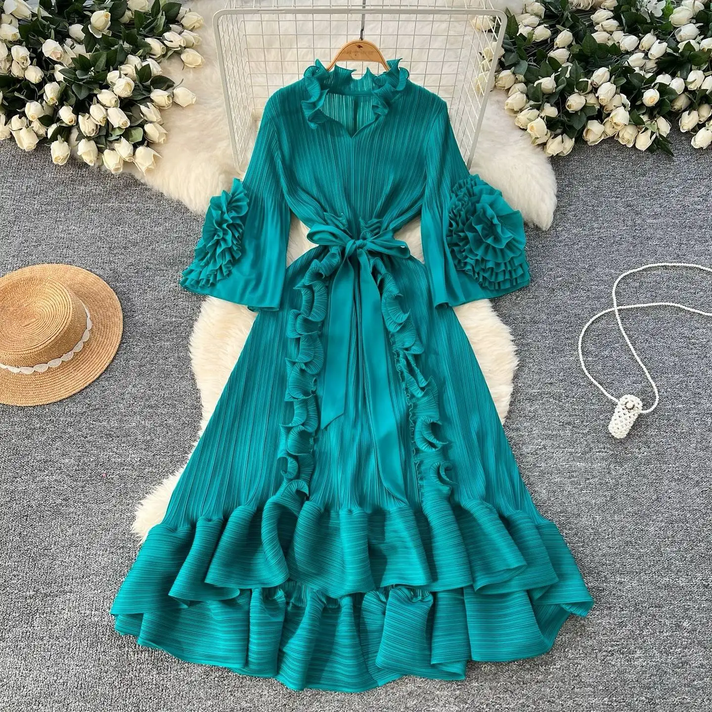 ANLAN Lusso Miyake 3D Ruffles Splice Abiti a pieghe Donna Scollo a V Alta elasticità Cintura con lacci Boho Robe Party Abbigliamento 2AN7516