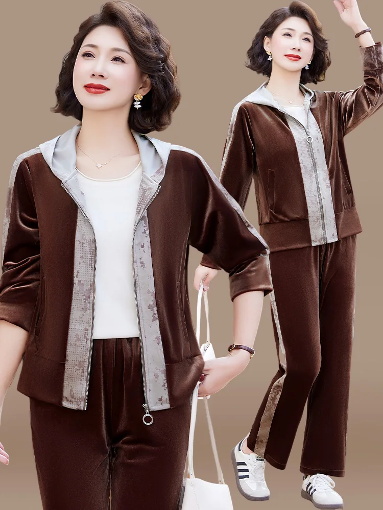 

Весенний модный спортивный повседневный комплект из двух предметов для женщин 40-50 лет, из полиэстеровой смеси, с застежкой-молнией, длинные брюки