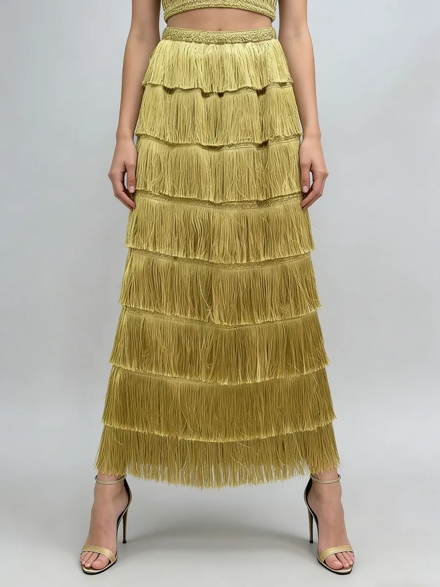 TWOTWINSTYLE Solid Loose Spliced Tassels Minimalist Skirts for Women High Waist Patchwork Ruffles Fashion Skirt Female Clothing