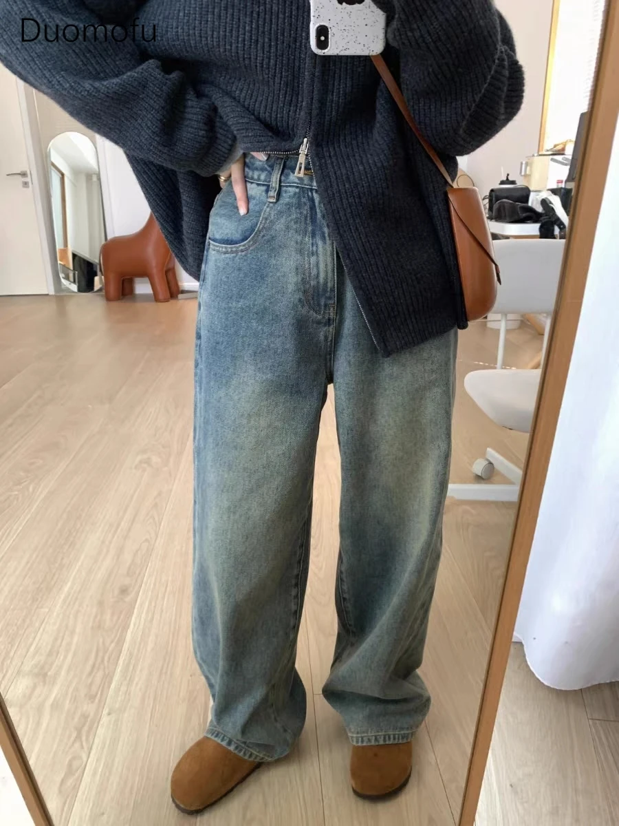 Duomofu Retro Blue Autumn Chic Washed Loose Women Jeans New Basic Zipper Simple Pocket Fashion Classic Full Length Female Jeans