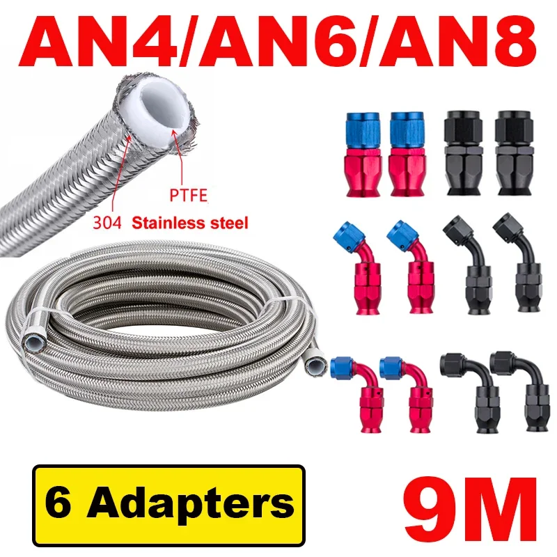 9M 30ft AN4 AN6 AN8 E85 Tube Stainless Steel Braided PTFE Fuel Hose Oil Gas Line Turbo Cooler Pipe 0+45+90 Degree 6x End Fitting