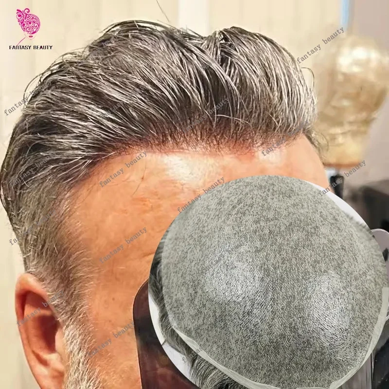 

0.02mm Super Thinnest Full PU Invisible 80%Density Men Toupee 540# Grey Brown Male Wig Super Natural Hairline Human Hair Systems