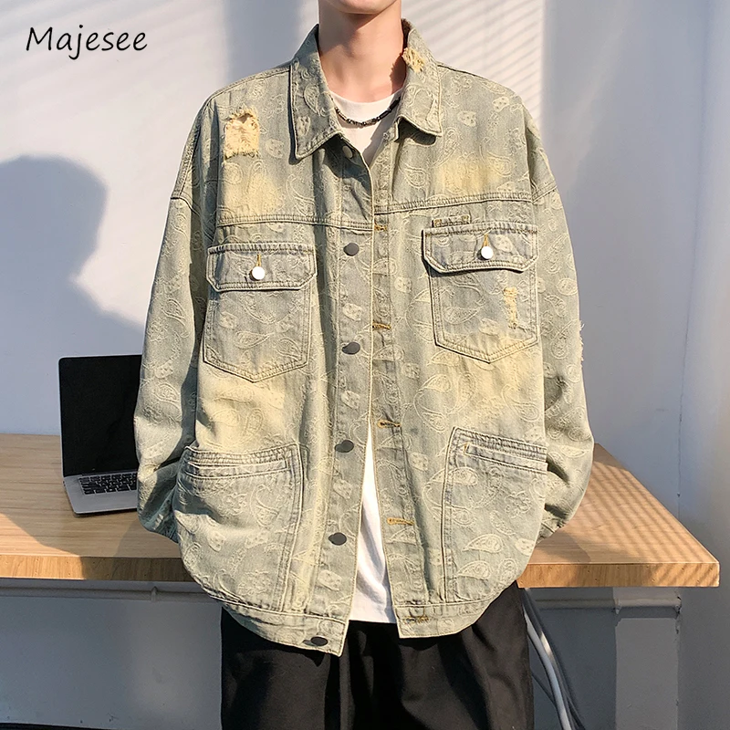 Denim Jackets Men Paisley Personality American Style Cozy Frayed Baggy Teenagers Hip Hop Lapel Outwear Popular Chic Aesthetic