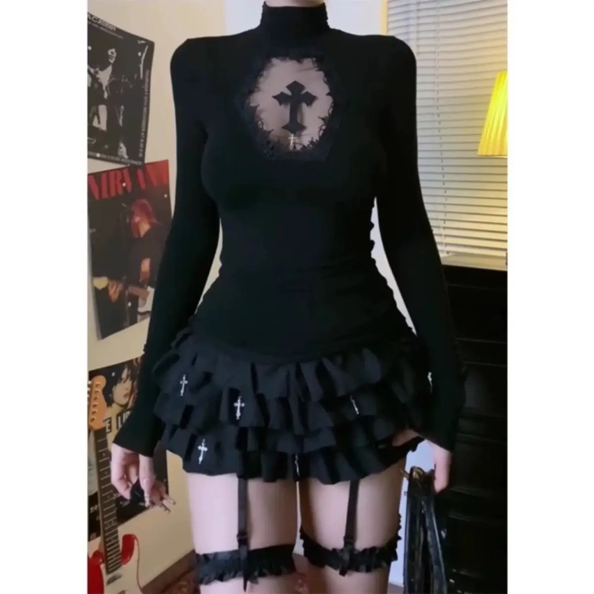 Женская футболка с крестообразным вырезом, готическая водолазка с длинными рукавами, топ в стиле панк, альтернативная готическая одежда, черная, синяя рубашка без рукавов Y2K