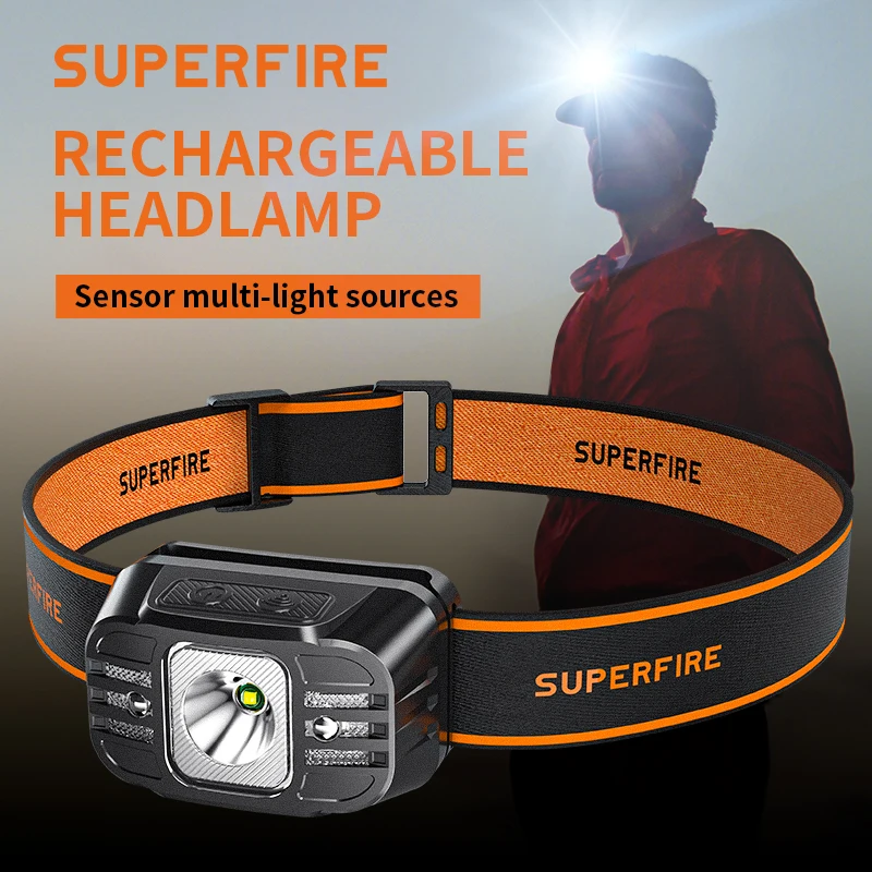 New SUPERFIRE Mini LED Headlamp USB-C Rechargeable Sensor Headlight Powerful Head Flashlight Torch For Camping, Fishing Lantern