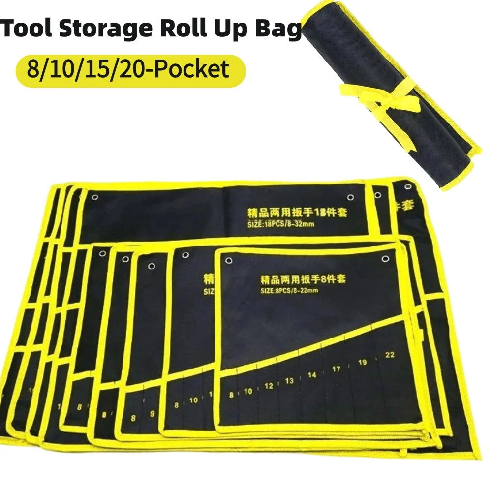 1Pcs Canvas Wrench Storage Roll Up Bag Dual-use Hardware Tool Bag Durable 8-20 Pocket Wrench Organizer for Garage Workshop