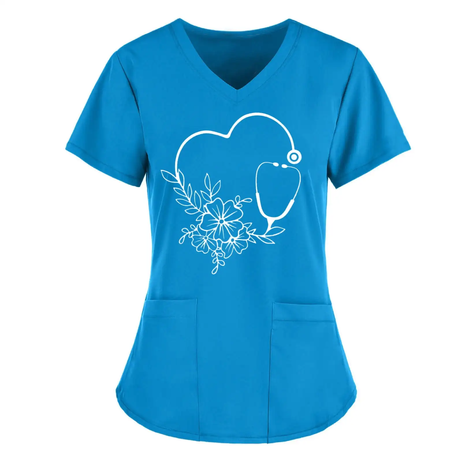 Surgical Uniforms Woman Solid Color Heart Healing Print Nurse Uniform Woman V-Neck Short Sleeve Patch Pocket Top Women's Scrub