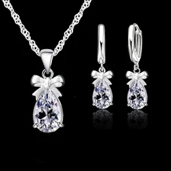 New Gift Set Real 925 Sterling Silver Color with White Stone Cubic Zirconia Dangle Earring Pendant Necklace Woman Jewelry Set