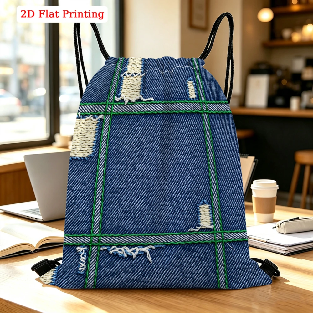 Blue Denim Patchwork Plaid Drawstring Bag for Travel, Fitness Sports & Outdoor Shoes