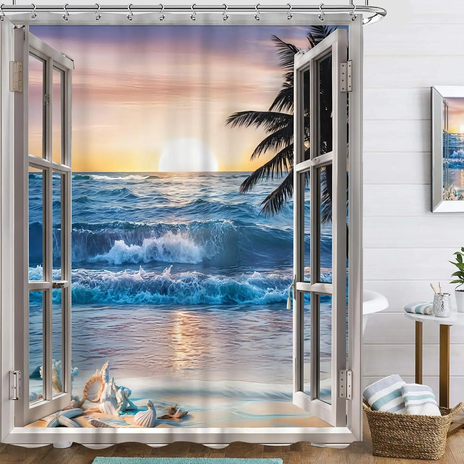 

Океанская пляжная занавеска для душа 60Wx72L дюймов, бирюзовые тропические пальмы, остров через море, белые деревянные окна, вид на море, лето Clo