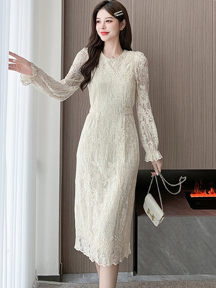 Autumn Winter Whtie Lace Jacquard Long Dress Women Chic Beading O