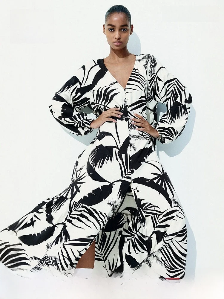 

H&M Women's Dr V-ne Long Sve Pleated Plant Print A-line Long Dr Casual Sle Lantern Sve Split Skirt