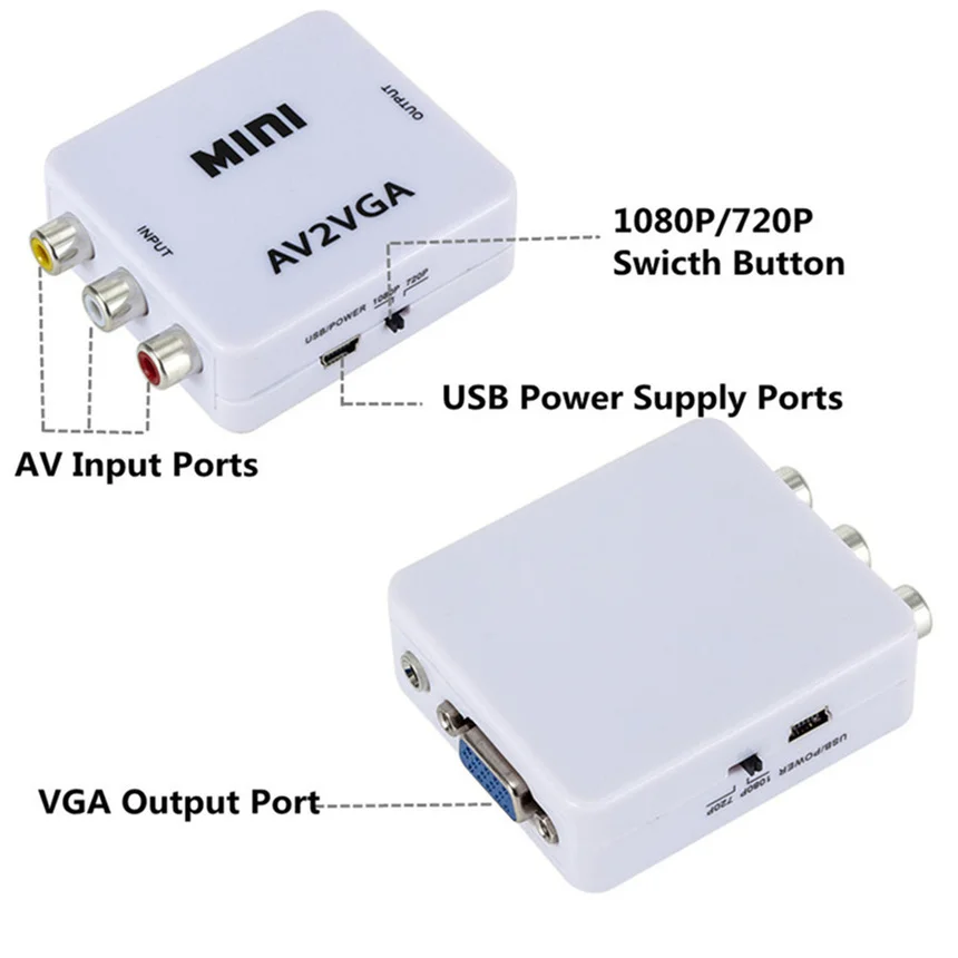 1080P 미니 비디오 컨버터, RCA AV to VGA 비디오 컨버터, 3.5mm 오디오, AV2VGA, CVBS, 오디오 to PC HDTV 컨버터