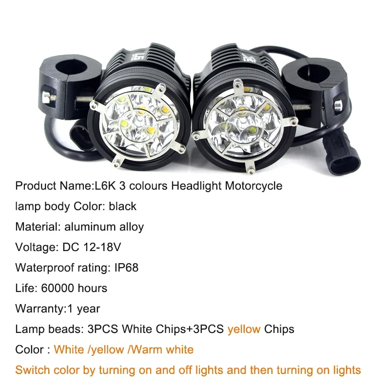 2PCS TrirColor white yellow  led motorcycle headlight  auxiliary Fog lampmotorbike spotlight accessories 12V moto  Paving light