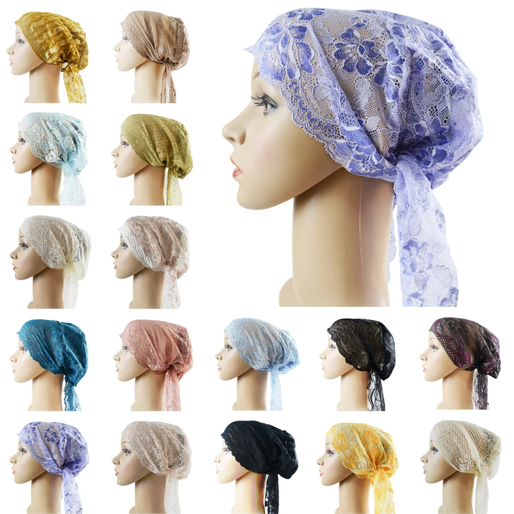 Muslim Islamic Women Floral Lace Cap Inner Hijab Stretch Headwear Headband Wrap Turban Beanies Hat Underscarf Ramadan Fashion