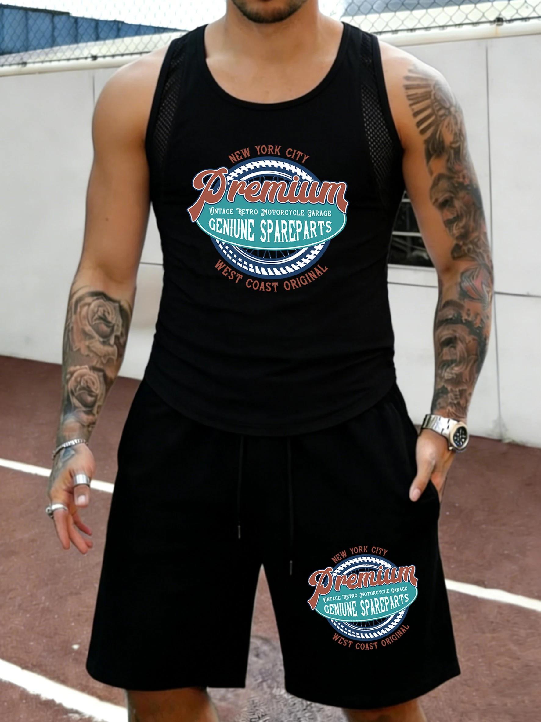 

New York City Premium Prints Summer Mesh Casual Singlet Sets Mens Comfortable Gym Tank Top Daily Drawstring Bottom Sportpants