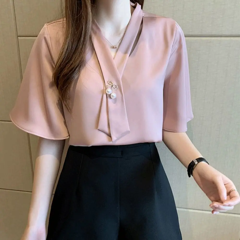 Sweet Solid Color Bow Elegant Shirt Loose Professional Long Sleeve Blouse Lace Up All Match Women's Chiffon Blouses Office