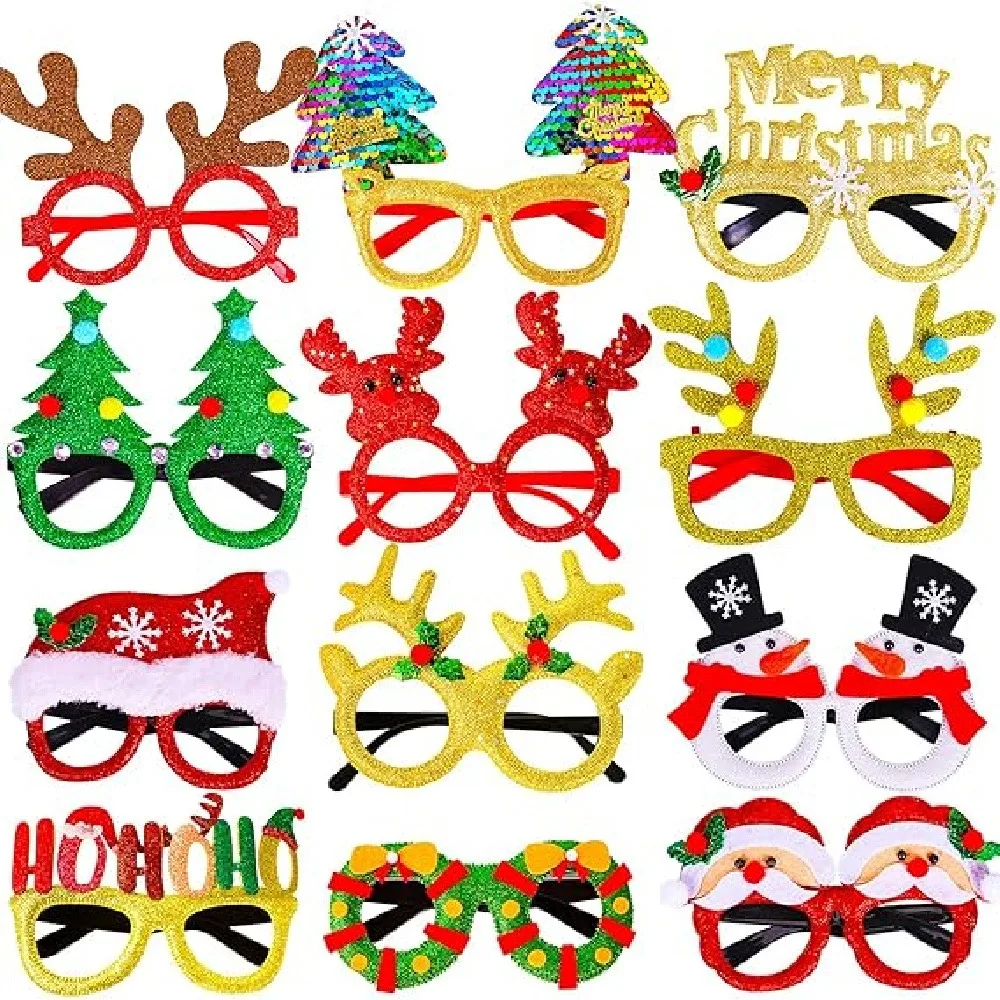 1 Pack Christmas Party Glasses Frame, Assorted Glitter Xmas Costume Glasses, Santa Reindeer Snowman Tree Holiday Photo Booth Props for Kids Adults Christmas Party Favors