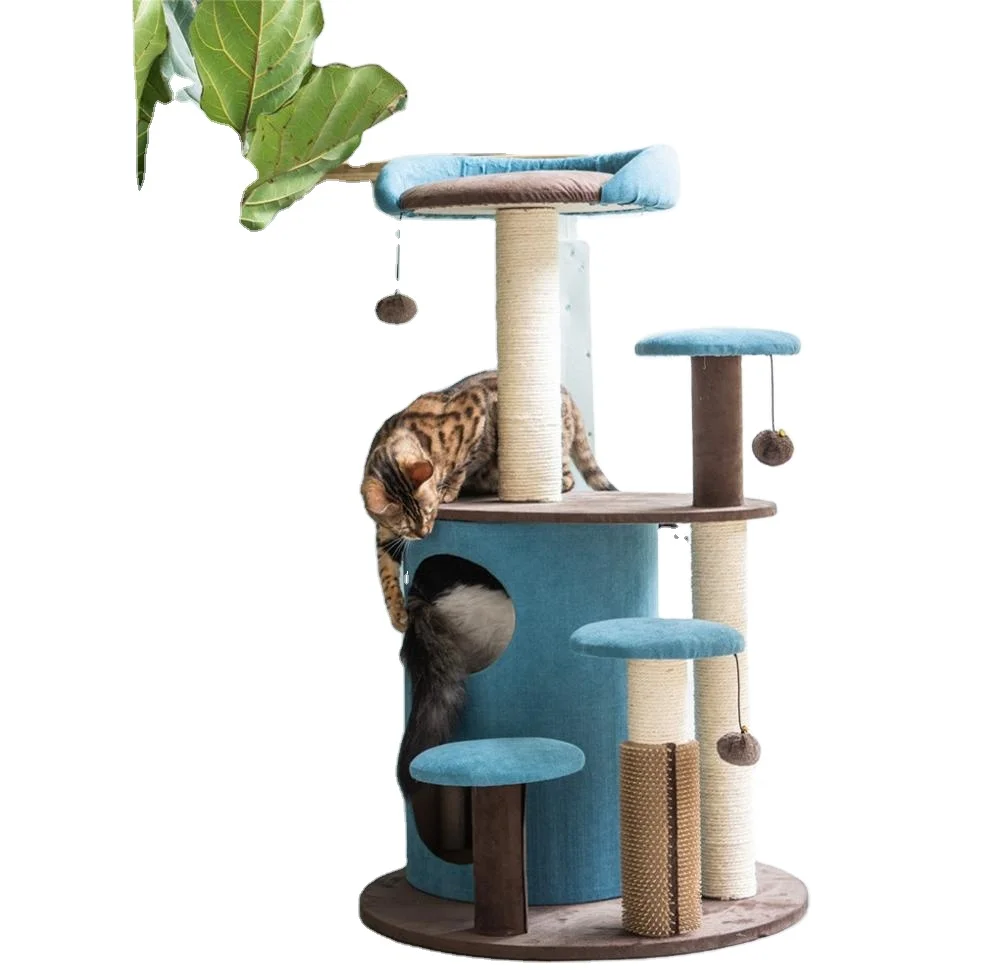 High-end royal style blue cat climbing tower frame cute princess pink cat sisal scratching tree with hair brush