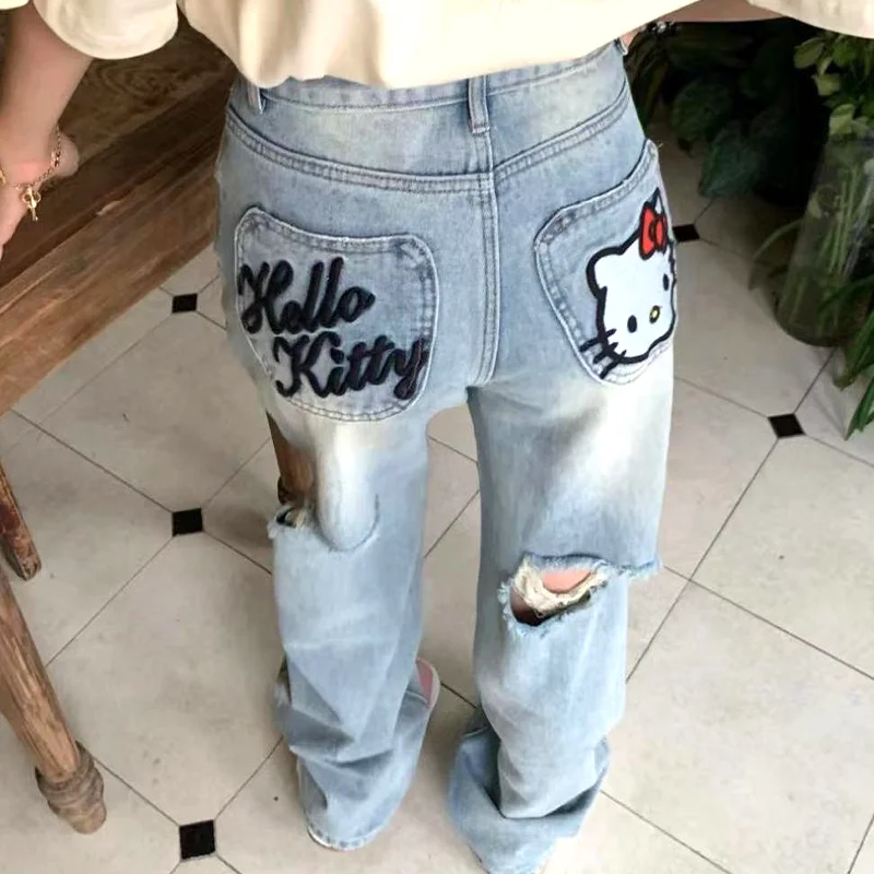 Sanrio Cute Cartoon Hellokitty Embroidery Hole Jeans Summer High Waist Loose Kawaii Anime Y2K Straight Wide Leg Pants Gift New