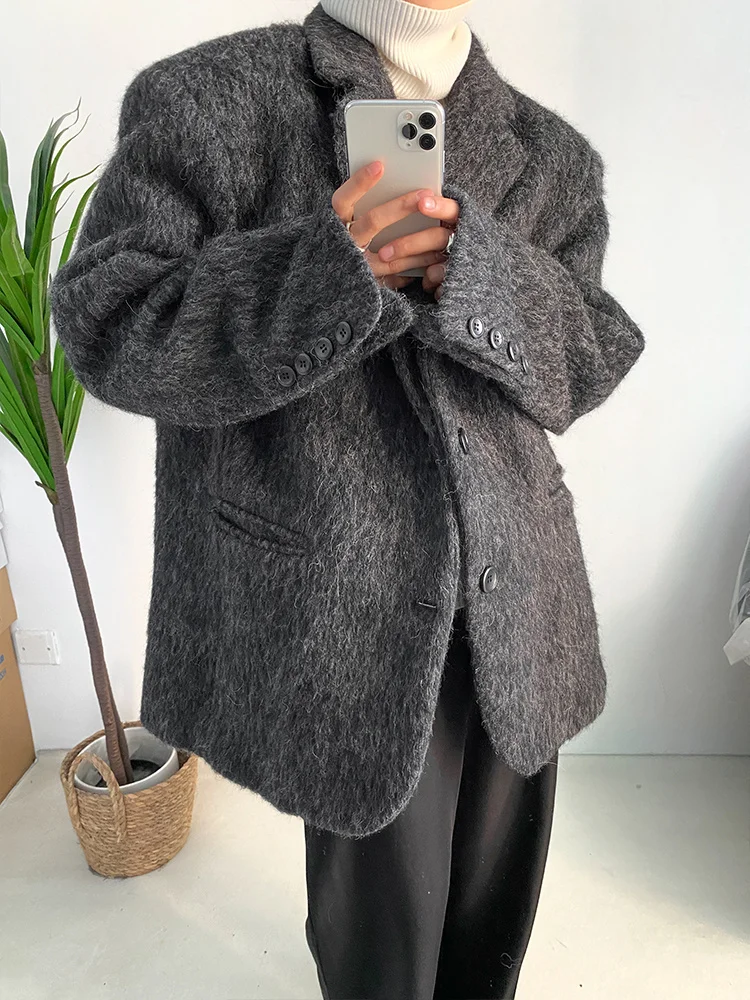 [EAM] Loose Fit Gray Big Size Casual Elegant Woolen Coat Parkas New Long Sleeve Women Fashion Tide Autumn Winter 2024 1DF3710