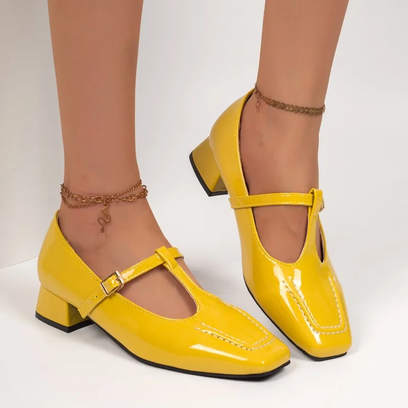 Women's Buckled Leather High Heels Stylish Square-Toe Oxford-Style Mid-Heels Designer Black Pumps Platform Dress Shoes