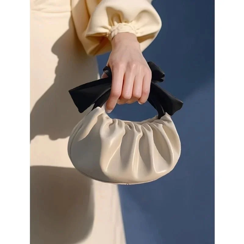 Y2k Aesthetic Elegant Women Fashion Clutches Luxury Design Office Lady Handbags Trendy Casual Pleated Bow Tender Top-Handle Bags