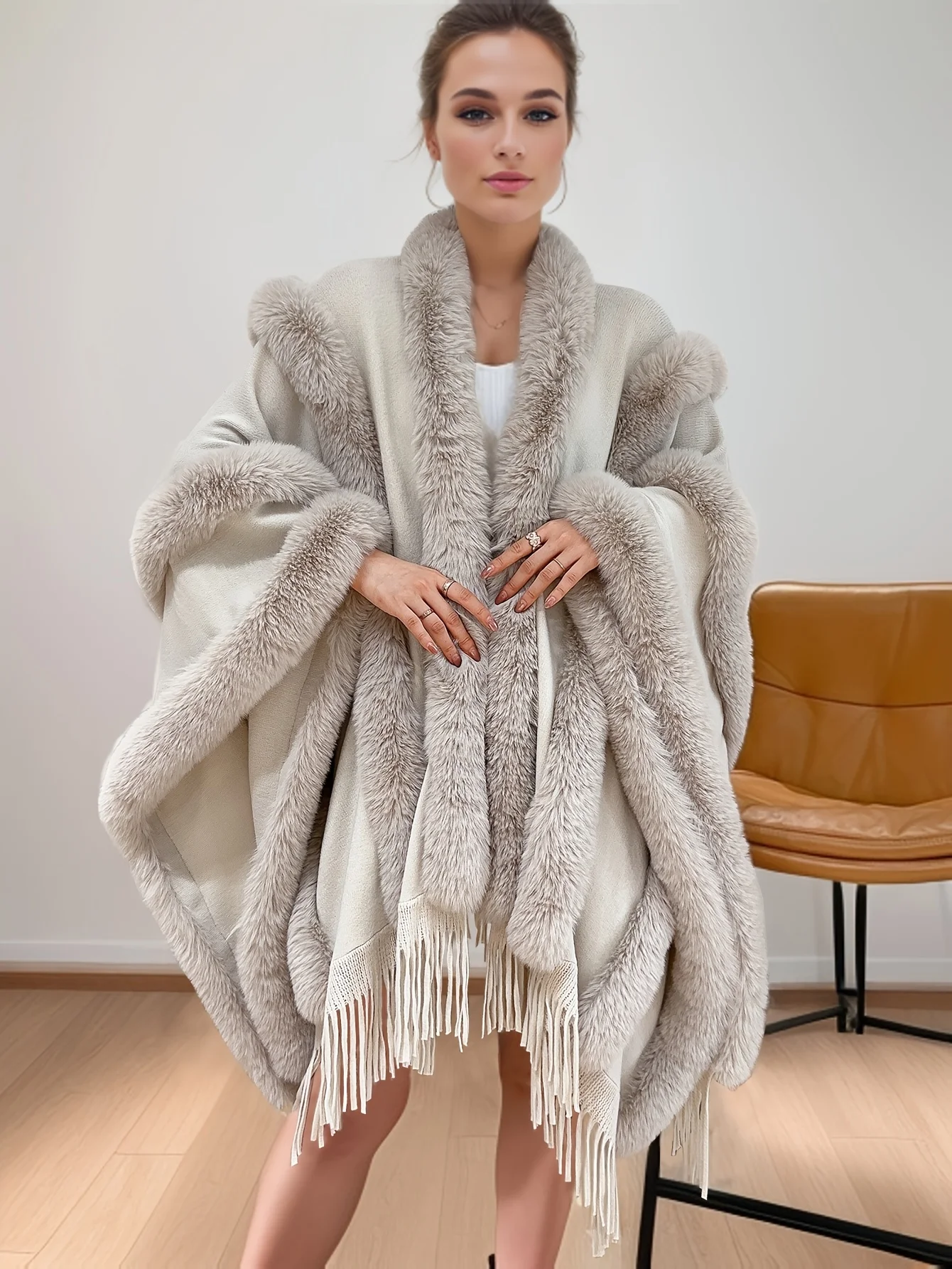 Solid Color Long Shawl Cape Multiple Faux Fur Spliced Shawl Tassel hem design Made of Faux Fur Trimmed Acrylic Knit Fabric