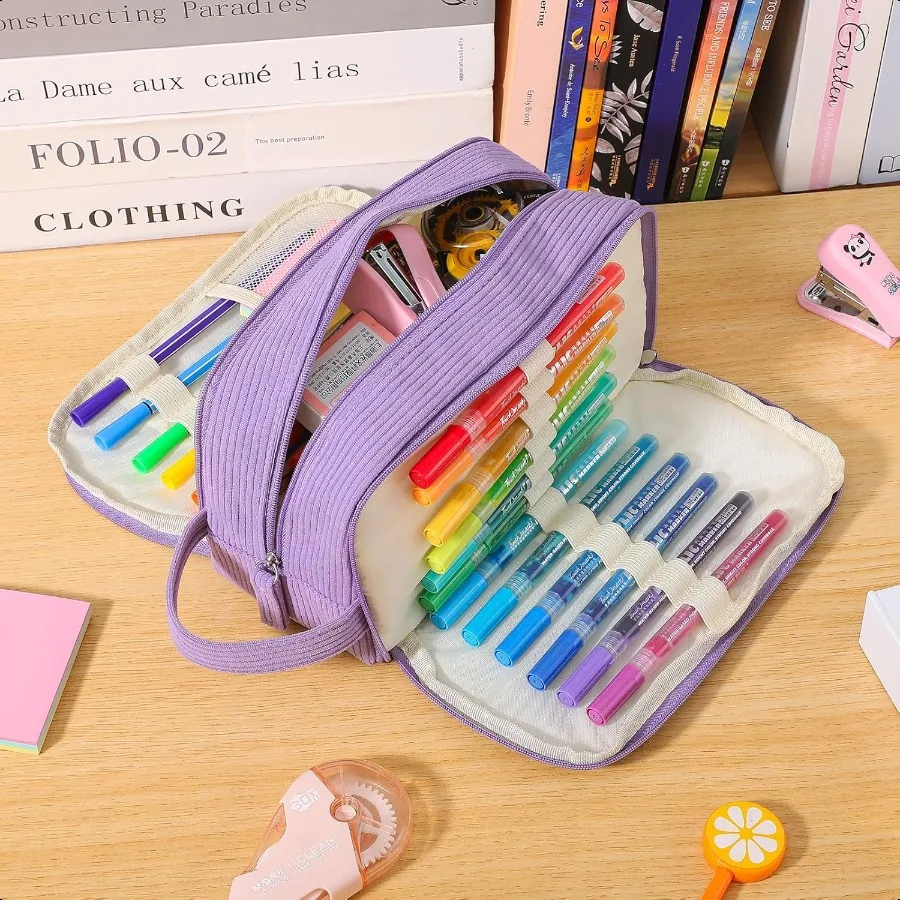 Estuche para lápices con 3 compartimentos, capacidad Extra grande, estuche para lápices escolares con asa fácil, estuche para lápices de pana suave, pl estético