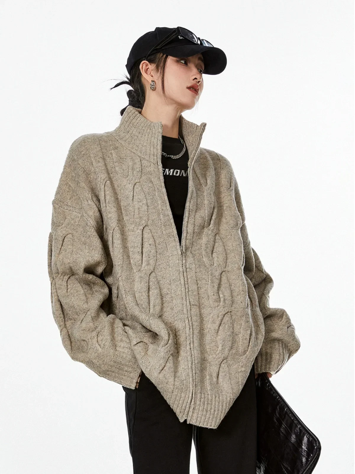 Knitted sweater cardigan women's solid color simple stand-up collar American spring autumn loose casual versatile fashion jacket