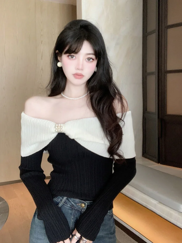 Hit Color Off Shoulder Sexy Strapless Long Sleeve Slim Knitwear Tops 2023 Autumn Winter Bottoming Knitted Sweater Mujer