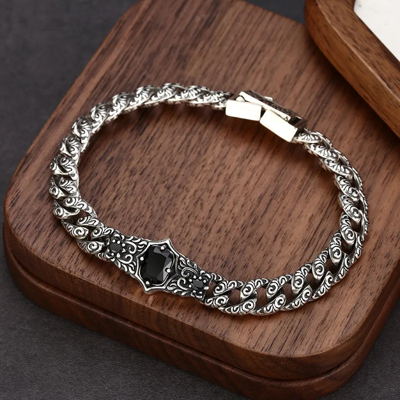 

New China-Chic Men's and Women's Stone Inlaid Tang Grass Grain Cuban Bracelet Retro Personality Versatile High-end Jewelry
