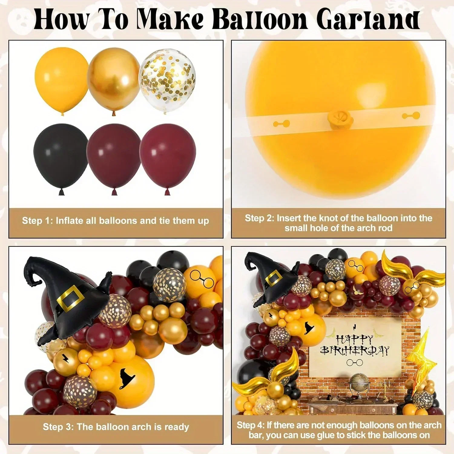 School of Magic Balloon Wreath Arch Kit 146PCS Balloon Snitch Wizard Hat Halloween Magic Themed Birthday Supplies Decorated