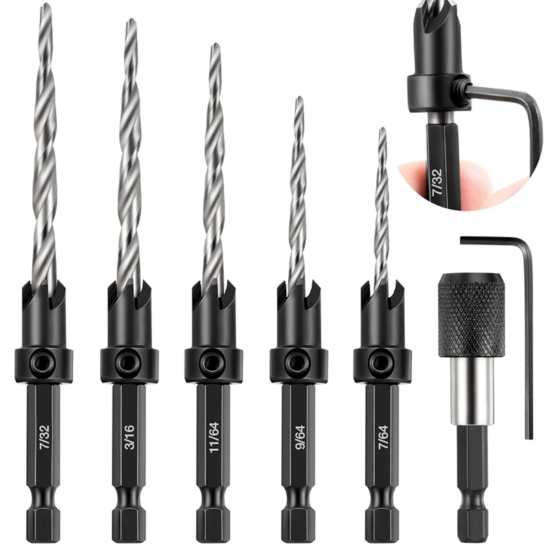 Countersink Drill Bit Set, 5 Pcs Woodworking Tapered Drill Bits For 4, 6, 8, 10, 12 Screws, Replacement Bit Holder