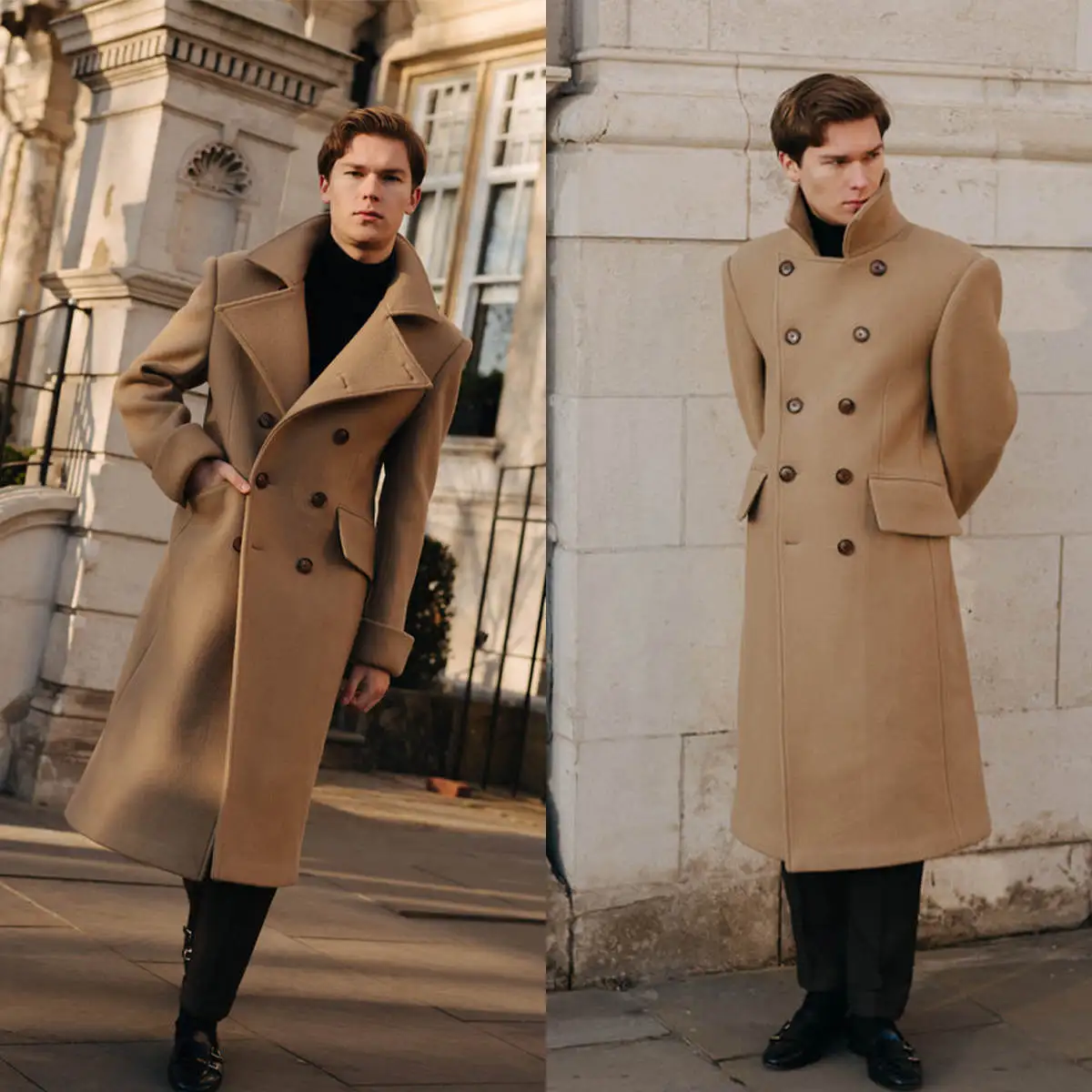 Winter Wool Blend Overcoat For Men Casual Windbreak Brown Coat Knee Length