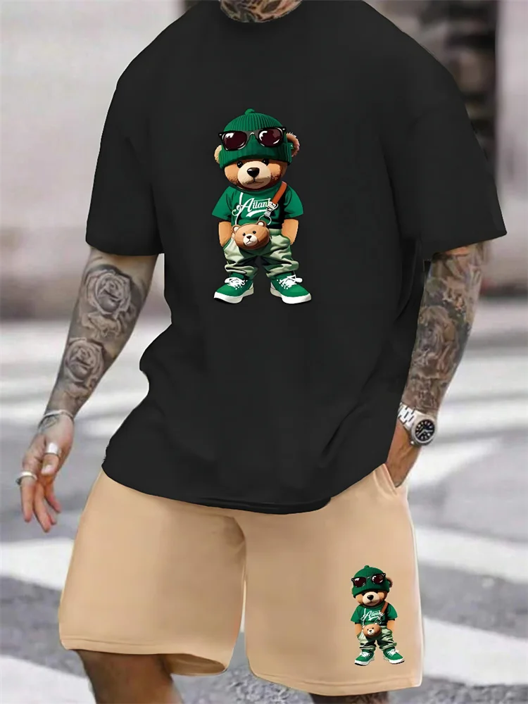 2024 New 3D Cartoon Bear Print Men\'s Set Summer Casual Everyday Men\'s Short-sleeved T-shirt Outdoor Street Fashion Beach Shorts