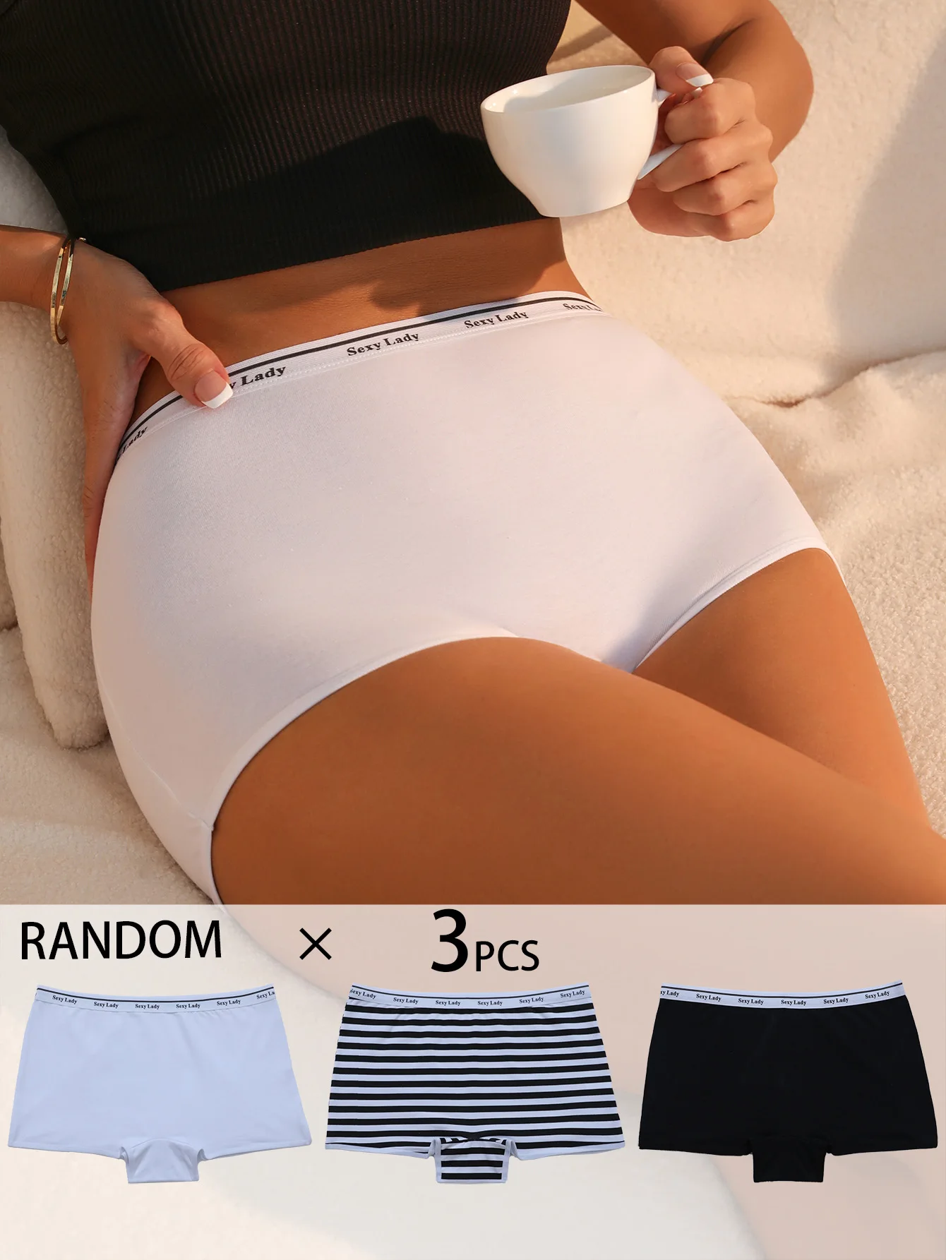 3-Pack Random Color Letter Waist Women's Flat Angle Pants, Anti Glare and Breathable