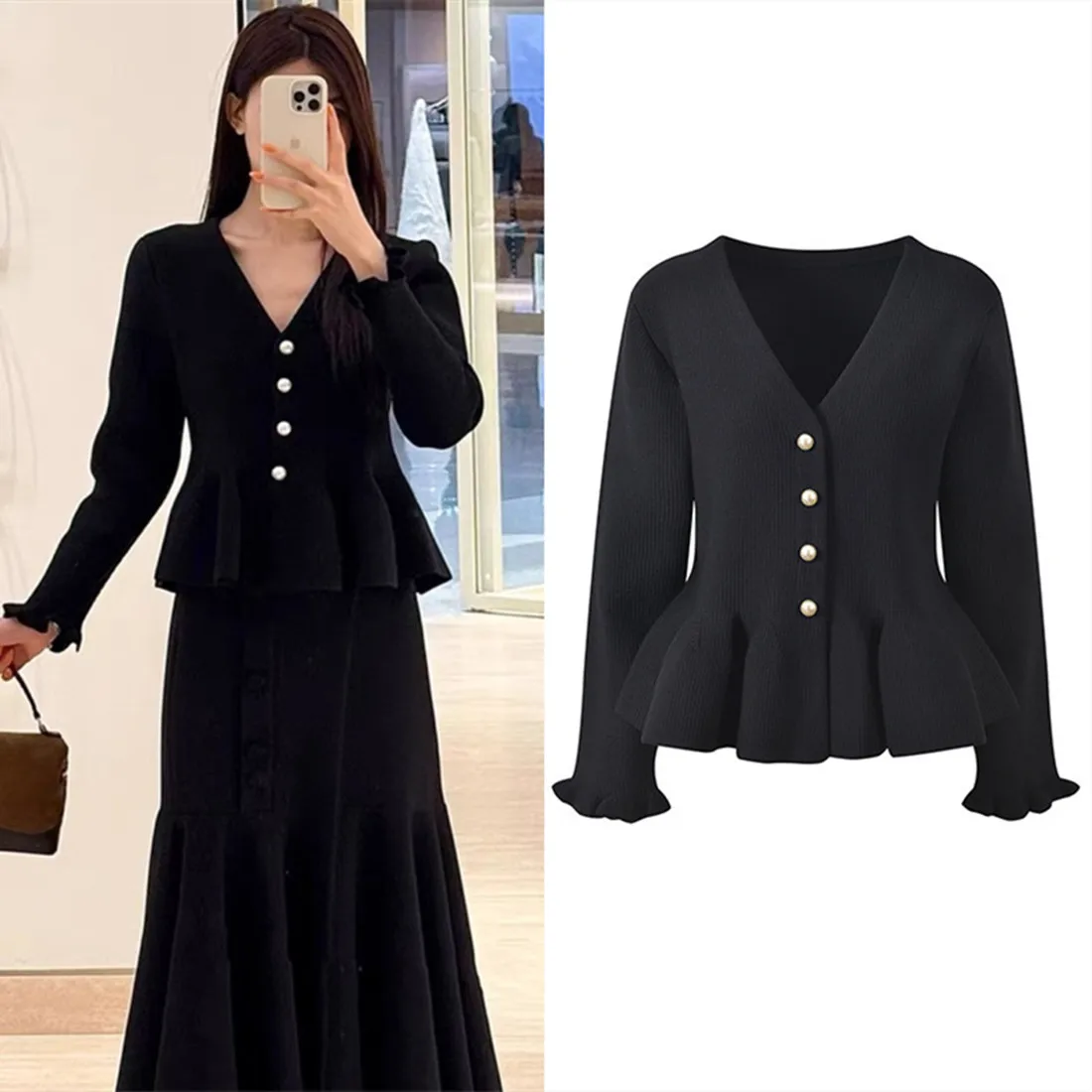 

High-End Version European Style Women's Knitted Open Cardigan French Style Slim Fit Long Sleeve V-Neck Gored Hem Wood Grain