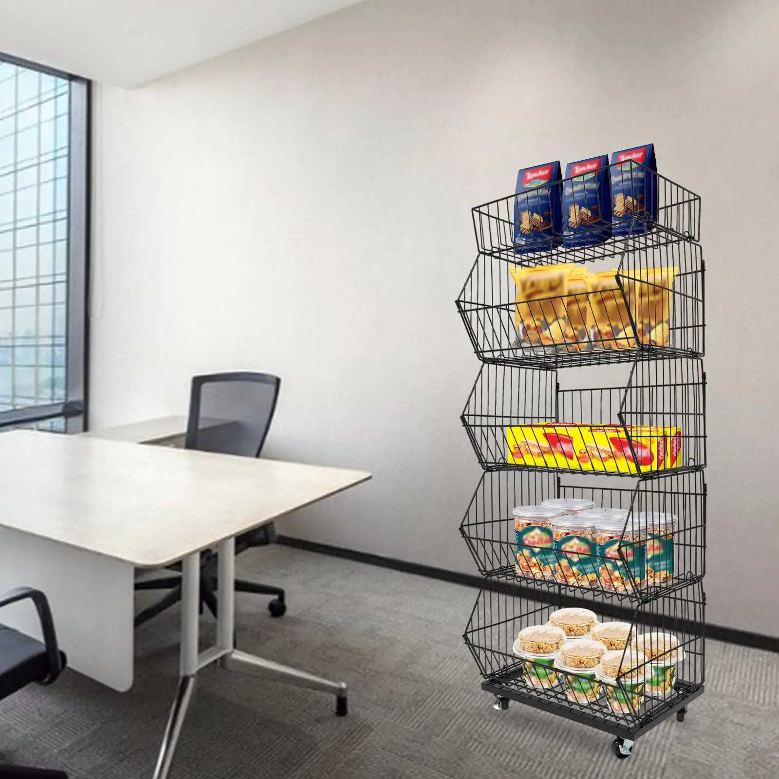 Espositore per vendita al dettaglio a 5 livelli, scaffale organizer per cestini in filo metallico con ruote, carrello portaoggetti per frutta e verdura per supermercato, Co